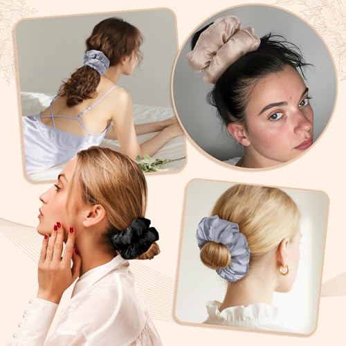 4Pcs Large Satin Hair Scrunchies, Big Pillow Scrunchies for Women Girls Silk Sleepy Scrunchie Ponytail Holders for Thick Hair - color: Elegant Colors