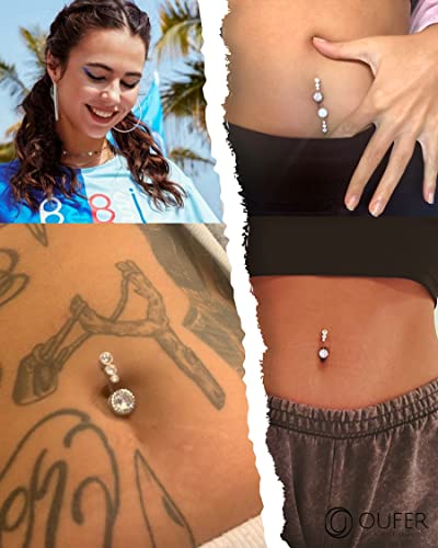 OUFER 316L Surgical Steel Belly Button Rings, Clear CZ Navel Rings, Belly Piercing Jewelry - color: Silver Bar, Rainbow CZ