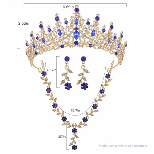 Kamirola Tiaras and Crowns for Women,Tiaras Earrings Necklace, Crystal Bridal Jewelry Set (TR48) - color: Gold Blue