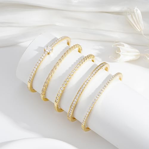 Turandoss Dainty Tennis Bangle Bracelets for Women Jewelry Gifts | 14K Gold Plated, Personalized Tennis Bracelets, Trendy Cubic Zirconia Bangle Bracelet, Jewelry Gifts for Mom Wife Sister - color: Half CZ Bangle - Round Tennis