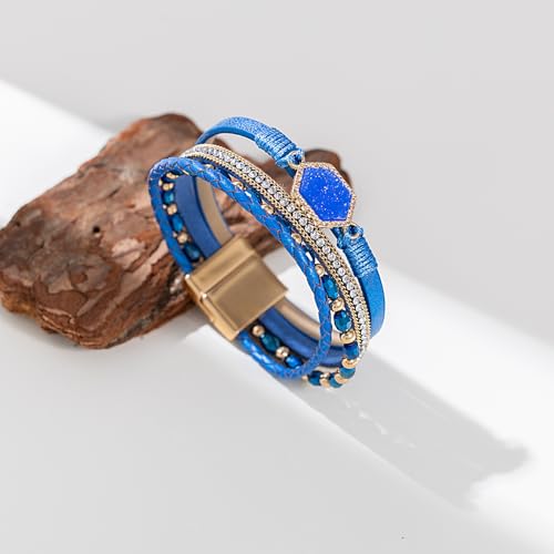 FANCY SHINY Crystal Beaded Leather Wrap Bracelet Stackable Boho Jewelry for Women Resin Stone Bangle Cuff with Magnetic Clasp - color: Blue