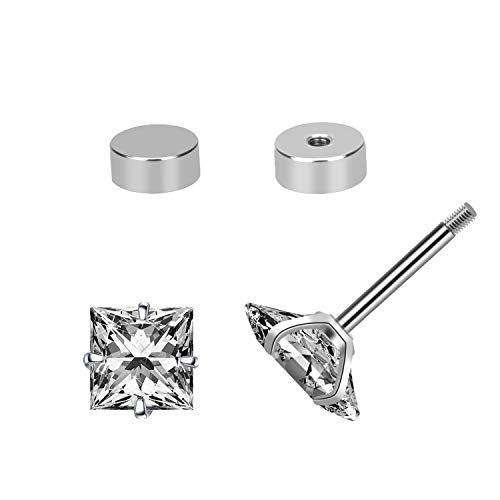Princess Cut Clear Cubic Zirconia Stud Earrings for Women Men Square Earrings Studs Hypoallergenic Surgical Steel Helix Screw Back Earrings 18G 5 Pairs 3-7mm - color: Silver-A