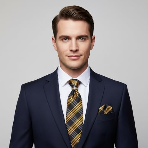 5PCS Mens Silk Tie, Pocket Square, Cufflinks, Drilled Tie Ring and Lapel Pin Set for Wedding Groom Party - color: Gold Plaid Tie Set -186+186