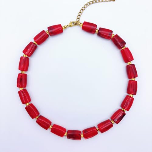 Red Beaded Necklace for Women Chunky Beaded Necklace Adjustable Acrylic Bead Choker Necklaces Big Statement Necklaces Jewelry Accessories - color: 17MMCylindricalBead
