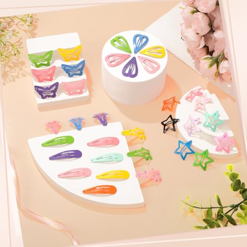 obeoby 82Pcs Colorful Snap Hair Clips for Girls Toddler kid Small Barrettes | Metal 5 Shapes Heart Star Butterfly Hair Pins, Cute Accessories for Baby Girl Toddler Kids, Birthday Back To School Gifts