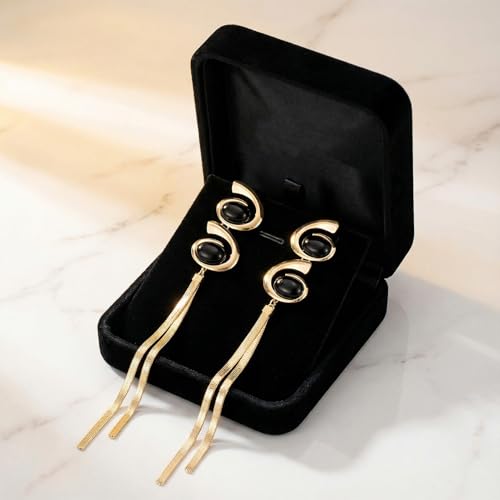 Black and Gold Earrings for Women,Geometric Statement Dangle Earrings with Long Snake Chain Tassel Pendant Earring - color: Gold