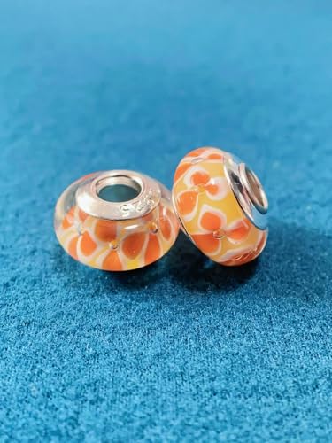 2pcs Authentic 925 Silver Murano Glass Flower Charms for Pandora Bracelets - color: 06-Orange flowers