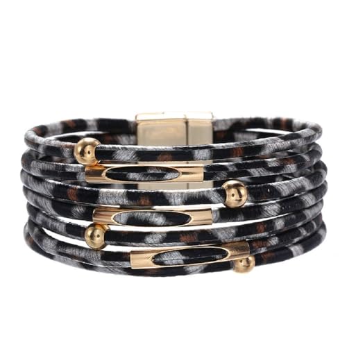 Layered Leopard Leather Wrap Bracelets Boho Leopard Multi-Layer Crystal Beads Cuff Bracelet Jewelry for Women - color: Grey