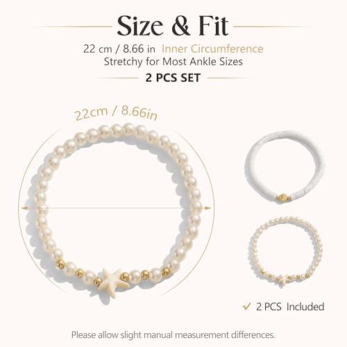 Fesciory Shell Ankle Bracelets for Women, Gold Plated Boho Beach Anklet Set | Adjustable Pearl Bead Anklet Set with Starfish, Conch and Seashell Charms for Beach Outfits, Vacations, Parties and Gifts - color: Gold-3