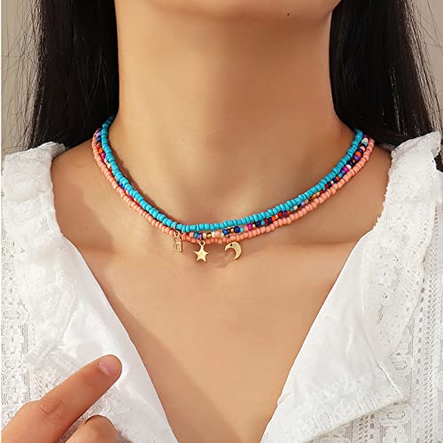 Handmade Multilayered Rainbow Colorful Beads Link Chain Moon Star Butterfly Pendant Choker Necklace Friendship Creative Beach Costume Jewelry for Women - color: Orange