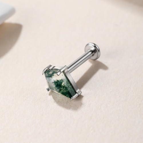 1PC ASTM F136 Titanium Push Pin Moss Agate Stone Flat Back Earrings 16G 8mm for Helix Conch Tragus - color: Rhombus-Tit