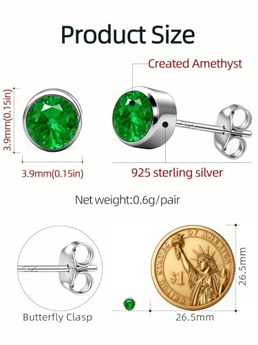 Neshat Tiny Birthstone Earrings for Women, 925 Sterling Silver Bezel Crystal Stud Earrings, 4mm Minimalist Sapphire/Amethyst/Aquamarine/Emerald Earrings Studs - style: 05. May-Created Emerald