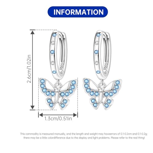 925 Sterling Silver Hoop Earrings Drop Dangle Earrings for Women Hypoallergenic Earring Trendy Huggie Earring Cute Graduation Birthday Gifts Jewelry for Women - color: Blue butterfly earrings
