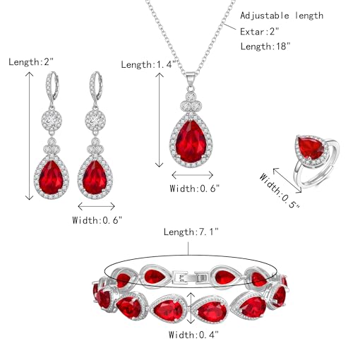 Crysdue Wedding Bridal Teardrop CZ Pendant Necklace Open Ring Dangle Earrings Adjustable Slider Bracelet Jewelry Set, Birthday Mothers Day Christmas Jewellery Gift for Women/Mom/Wife - style: 03-4 pcs Round&Teardrop- Red Silver-Tone