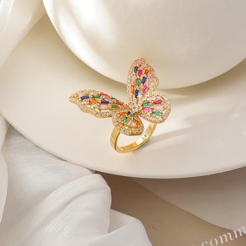Butterfly Rings for Women Adjustable Golden Cocktail Ring Sparkly Stones Statement Silver Bow Open Wrap Bow Jewelry Bridesmaids Wedding Valentine’s Day Gift Lover Mother - color: JZ03-Colorful