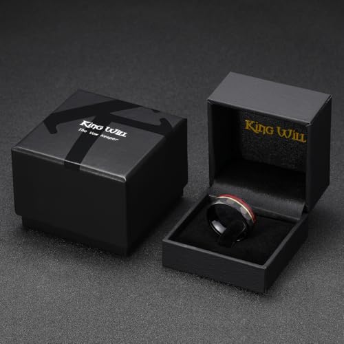 King Will Black Tungsten Rings for Men Hammer Wedding Band | Black, Grooved, Hammer Wedding Band Gold Groove, Sand Inlay, Everyday Wear - color: Black & Red Sand Inlay