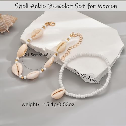 Shell Ankle Bracelet Set for Women,Boho Adjustable Beads Anklet Pack Natural White Shells Stack Stretch Seashell Pearl Starfish Bracelet Set Hawaiian Beach Vacation Foot Jewelry - style: N-Beads Shell