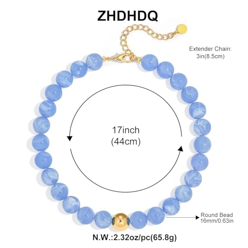 Multicolor Chunky Beaded Necklace, Statement Colorful Round Ball Beads Choker Necklace with Gold-Tone Adjustable Chain, Fashion Bold Neck Jewelry for Women - color: 16mm-Lake Blue