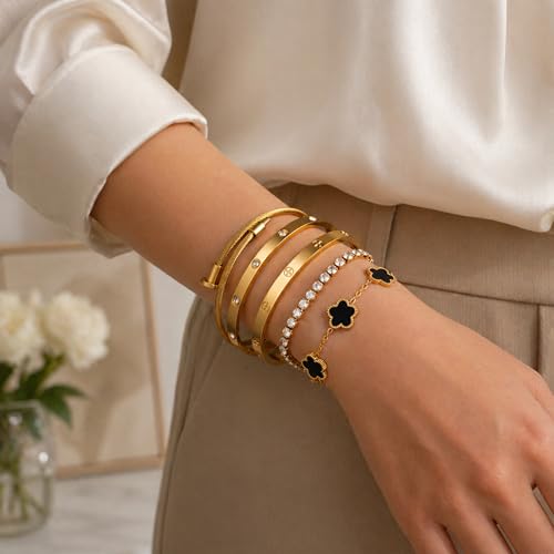 18K Gold Plated Love Bangle Bracelet Stack for Women, Adjustable Clover Bracelet & CZ Tennis Chain Set, Stackable Layered Jewelry, Fade Resistant, Long-Lasting Luster for Daily Wear & Gift - color: 5Pcs Gold Black