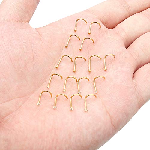 Hoeudjo Nose Studs Surgical Steel Cubic Zirconia Nose Rings Kit for Women Men Tiny Nose Stud Screw & Bone & L Shaped Nostril Rings Piercing Jewelry 22 Gauge 16 Pieces - color: screw nose ring, gold-tone