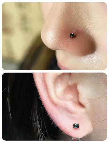 18G 16G 14G Internally Threaded Nose Rings Studs Flat Back Earrings Surgical Steel CZ Nose Rings Stud Tragus Helix Conch Cartilage Earrings Stud Piercing Jewelry For Women Men Hypoallergenic - color: Black-Rainbow CZ, size: 18 Gauge-6mm Bar-4mm CZ