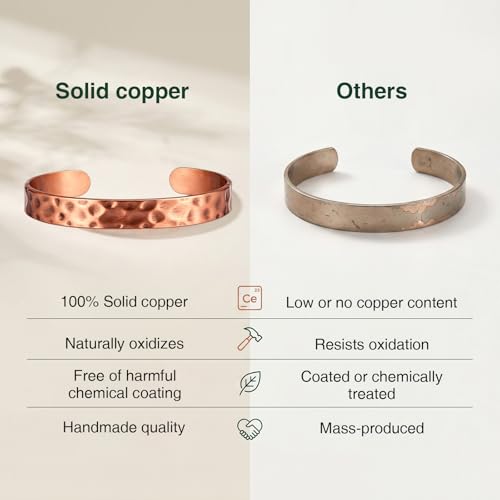 Copper Bracelets for Women Men Set, 100% Solid Real Pure Handmade Hammered Copper & Rings Jewelry Bracelet