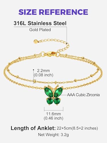 Richsteel Double Layer Heart/Butterfly Birthstone Anklet for Women | Non Tarnish Waterproof, Silver/Gold/Black Stainless Steel 8.5-10.5 Inch Adjustable Chain Anklets Summer Beach Foot Jewelry - color: Gold Butterfly-05 May(Emerald)