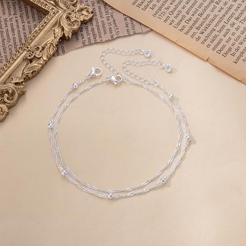Moodear Ankle Bracelets for Women 14K Silver Plated Twist Bead Chain | Anklet Waterproof Non Tarnish Adjustable Summer Beach Anklet Jewelry Gift