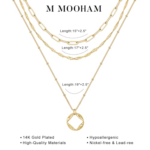 M MOOHAM Layered Gold Necklaces Stack for Women No Tarnish | 14K Gold Plated, Stackable Pendant Necklace Set, Snake Rope Cuban Paperclip Chain, CZ Coin Pendant, Dainty Jewelry Gifts - color: 3 Layered Paperclip Singapore Circle Pendant-Gold