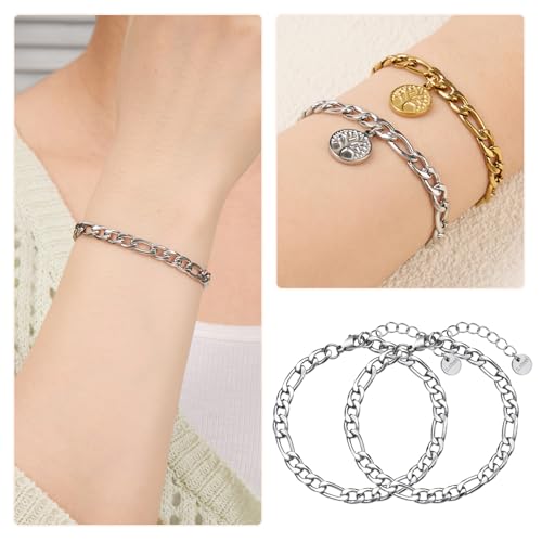 UMAOKANG 10 Pack Stainless Steel Figaro Bracelet Chains for Jewelry Making | Charm Silver Hand Chain Bracelets Bulk DIY Supplies Permanent Adjustable Bracelet Kit - color: 10pcs Figaro Steel
