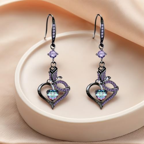 VOLUKA Created Opal/Amethyst/Mystic Topaz Pendant Necklace for Women,18K White/Rose Gold Plated Chain Wedding Engagement Jewelry Gift - color: N-Black Heart Jewelry Set