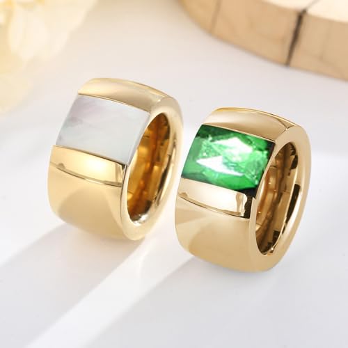 OIDIMS Stunning Large Statement Glass Crystal Rhinestone Band Cocktail Ring Cubic Zirconia Stainless Steel Thick Chunky for Women Men18k Gold Plated Friend Graduation Gift Evening Party - color: Green, size: 8