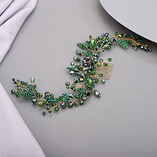 Chargances Wedding Crystal Beaded Hair Vine Comb Bridal Long Pearl Leaf Hair Vine Comb Green Rhinetone Handmade Headpiece Hair Accessories for Wedding Prom Flower Girl (Green) - color: Green