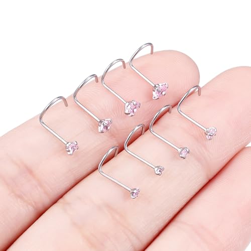 Hoeudjo Hypoallergenic Nose Rings Studs 24G Surgical Stainless Steel Cubic Zirconia Nose Studs for Women Men Screw & Bone & L Shaped Nostril Piercing Jewelry with 1.5mm 2mm 2.5mm 3mm CZ - color: silvertone(pink CZ),screw nose studs