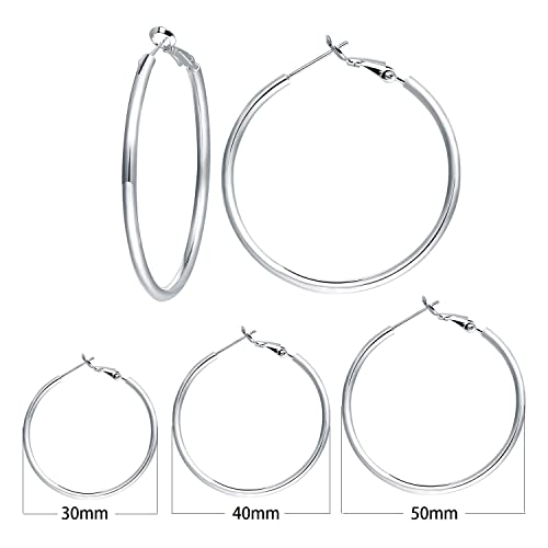 3 Pairs Sterling Silver Large Hoop Earrings Set for Women 40 50 60MM | 14K White Gold Plated, Hypoallergenic - style: F:Silver 30mm 40mm 50mm