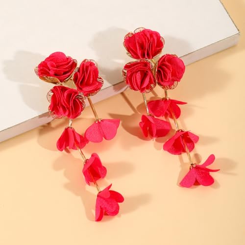 Fabric Flower Earrings for Women Colorful Long Tassel Floral Drop Earrings Fashion Boho Exaggerated Statement Beach Party Jewelry - color: red