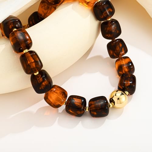 Chunky Beaded Necklace for Women Boho Statement Bead Necklace Adjustable Choker with Polished Disc/Square Beads Trendy Summer Beach Jewelry Gifts - color: Amber
