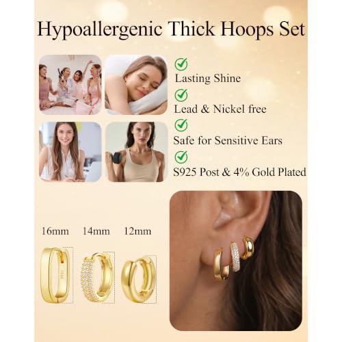 3 Pairs Chunky Small Hoops Set Huggie Earring Stack | Non Tarnish Hypoallergenic 925 Silver Square Earrings Waterproof Cubic Zirconia Hoop Earrings Chunky Gold Small Hoops - color: Gold