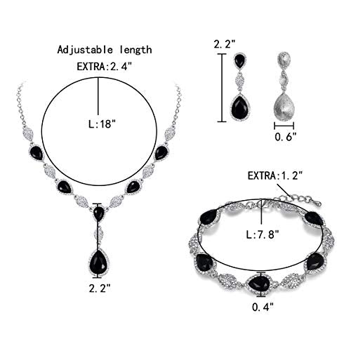 EleQueen Women's Wedding Bridal Jewelry Sets for Brides Bridesmaids, Cubic Zirconia Teardrop Necklace Tennis Bracelet Dangle Earrings Jewellery Set - color: 06-Black Color Clear-Tone