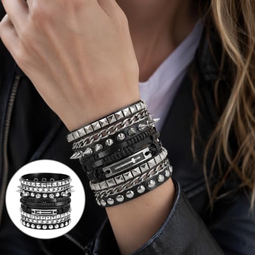 4 Pcs Edgy Punk Bracelets Set, Leather Vintage Punk Rock Spiked Studded Bangle Cuff Bracelets Alternative Wrist Bands for Women Men Biker Rockers Fashion Accessories