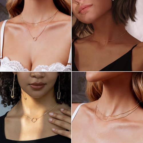 Airmb Gold Layered Necklaces for Women 14k Gold Plated Dainty Stackable Choker Necklaces for Women Trendy Layering Chain Cute Pendant Necklace Set Gold Jewelry for Women - color: 3PCS-Beaded&Box&Circle-Gold