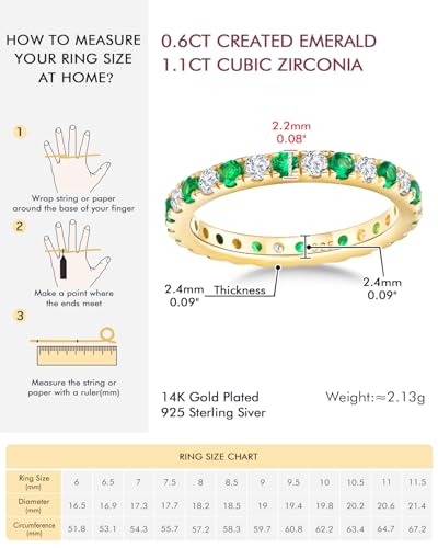 DAYBYDAY Sapphire/Emerald/Ruby Full Eternity Band Rings for Women, 2.4mm Thin Birthstone Stackable Rings, 925 Sterling Silver/14K Gold Plated Gemstone Wedding Band Anniversary Ring Size 6 to 10 - color: 05. Green Emerald & Cz, May, Gold Plated