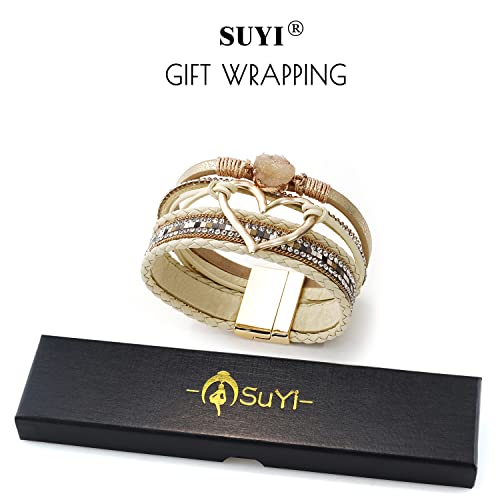 Suyi Multilayer Leather Wrap Bracelet Heart-Shape Wide Bracelets for Women - color: Khaki