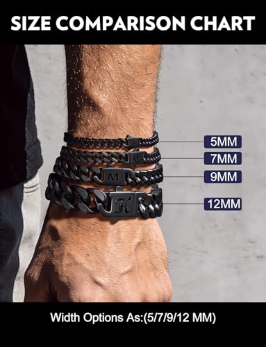 Bandmax Mens Hip Hop Cuban Link Bracelets 5/7/9/12MM Stainless Steel Miami Curb Chain Bracelet Silver/Gold Plated/Black Wristlet Chains for Men 7"-9" - color: 14 5MM Black-Custom