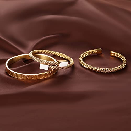 WFYOU 3PCS Stainless Steel Imperial Crown Bracelets for Men Gold Roman Numeral Bangle Bracelet Adjustable Cuff Bracelet Mens Luxury Jewelry Gifts - style: 09:Gold- Square
