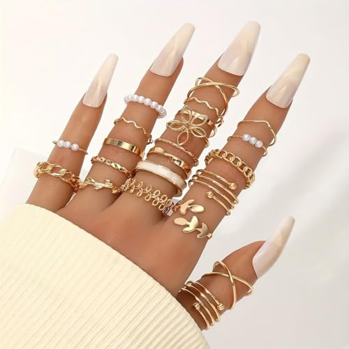 Chunky Gold Rings for Women Non Tarnish, Baroque Pearl Flower Tiger's Eye Stone Rings Adjustable Stacking Statement Rings Set Fashion Jewelry Gifts - style: Enamel/flower/small pearl