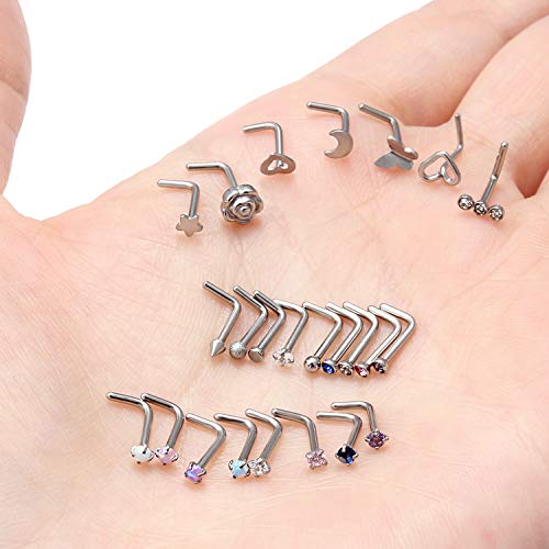20G 18G 16G Cubic Zirconia Nose Rings Studs 316L Surgical Steel Hypoallergenic Nose Piercings Jewelry for Women Men CZ 2mm-3mm 24 Pcs - color: D:20G L Shaped + Silver Tone