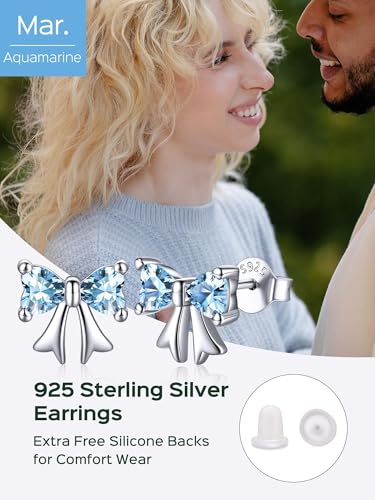 ChicSilver 925 Sterling Silver Bow/Butterfly Earrings for Women Hypoallergenic Birthstone Earrings Dainty Bow/Butterfly Jewelry Gift for Women - color: Bow-March-Aquamarine