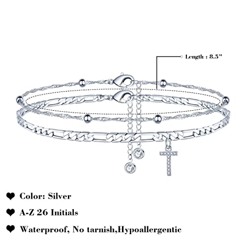Ankle Bracelets for Women, 14K Gold Plated Dainty Layered Chain CZ Initial Anklets Summer Jewelry Gifts for Women - style: T-Silver