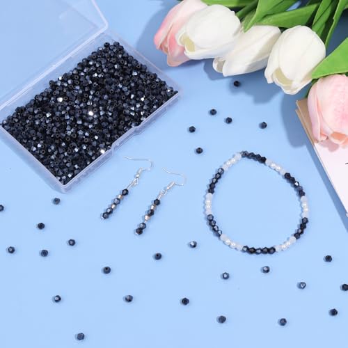 1000Pcs 4mm Faceted Crystal Glass Bicone Beads Loose Bead for DIY Bracelet Necklace Earring Keychain Jewelry Making,Black AB - color: Black AB